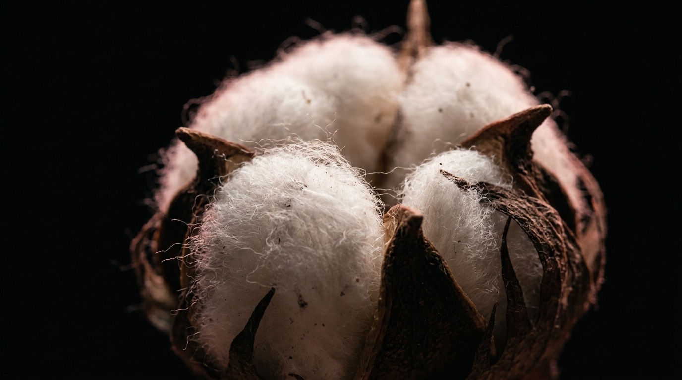A raw cotton boll opening, photographed against black
